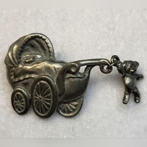 Vintage LCD Pewter Baby Carriage Dangling Charm Pin / Brooch Expectant Mom